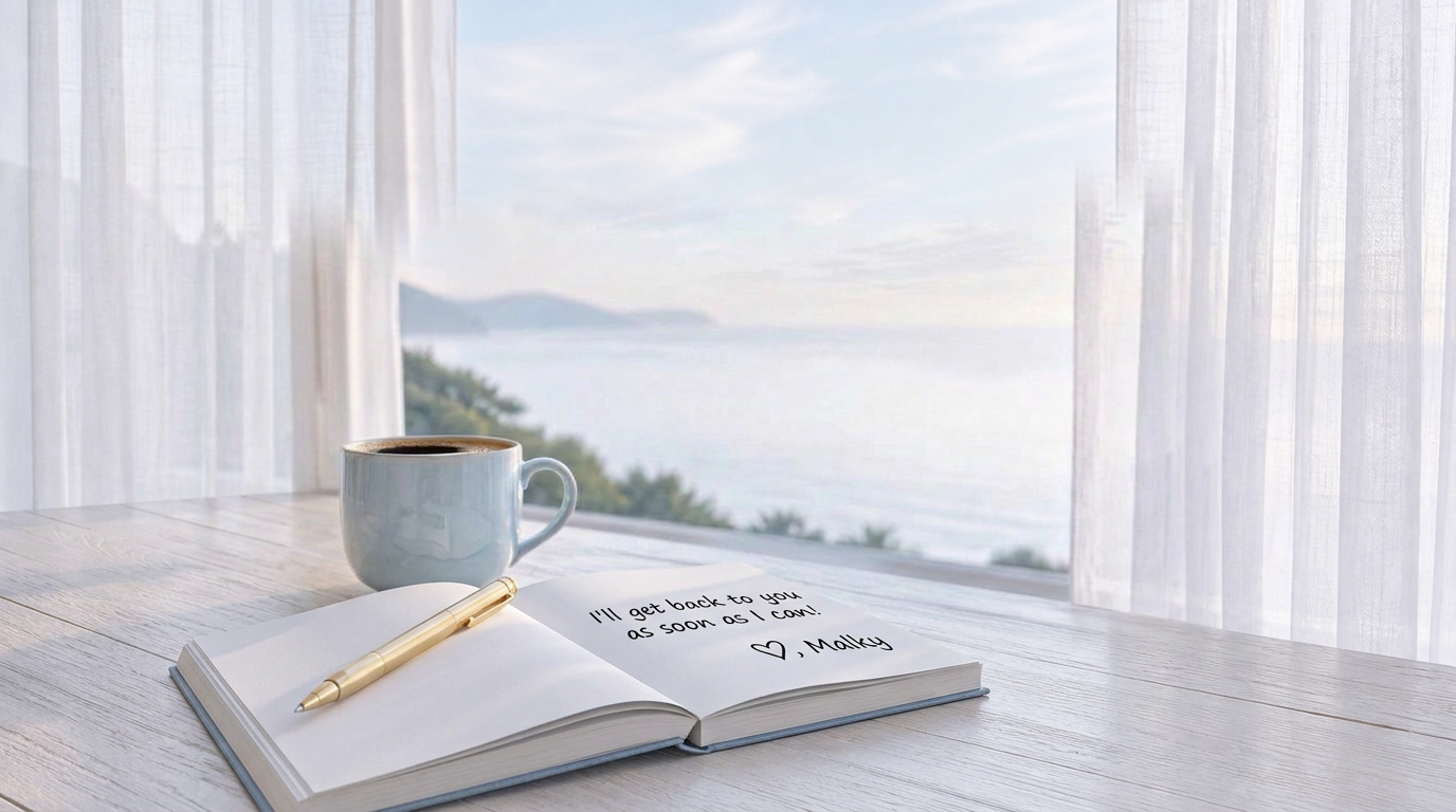 A half-full mug and an open journal with a handwritten note from Malky